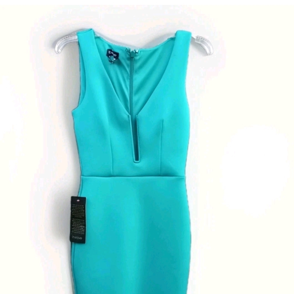 Bebe Deep V Club Dress XS Vibrant Turquoise Hue Stretch Scuba-Style Fabric Zip